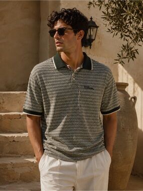 866. Textured Green Polo Shirt with Contrast Collar - Men